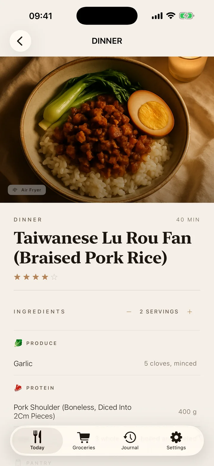 A recipe, with its ingredients grouped by aisle.
